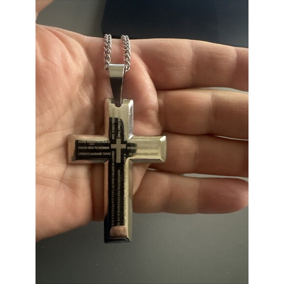 Stainless Steel Cross Pendant Scripture Silver Plated 24 Inch Chain Religious - Picture 5 of 6
